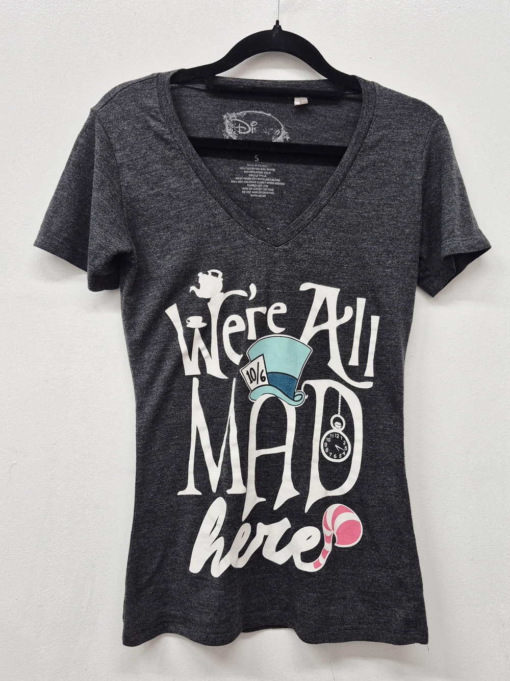 Disney Alice in Wonderland "We're All Mad Here" V-Neck Tee, Sz S (Fits Like XS)